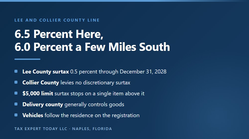 How the Lee and Collier county line changes sales tax for Bonita Springs, showing the 0.5 percent Lee County discretionary sales surtax through December 31 2028 for a combined 6.5 percent rate against 6.0 percent in Collier County, the 5,000 dollar single item limit on the surtax, delivery county controlling sales of goods, and motor vehicles taxed by the residence county on the registration