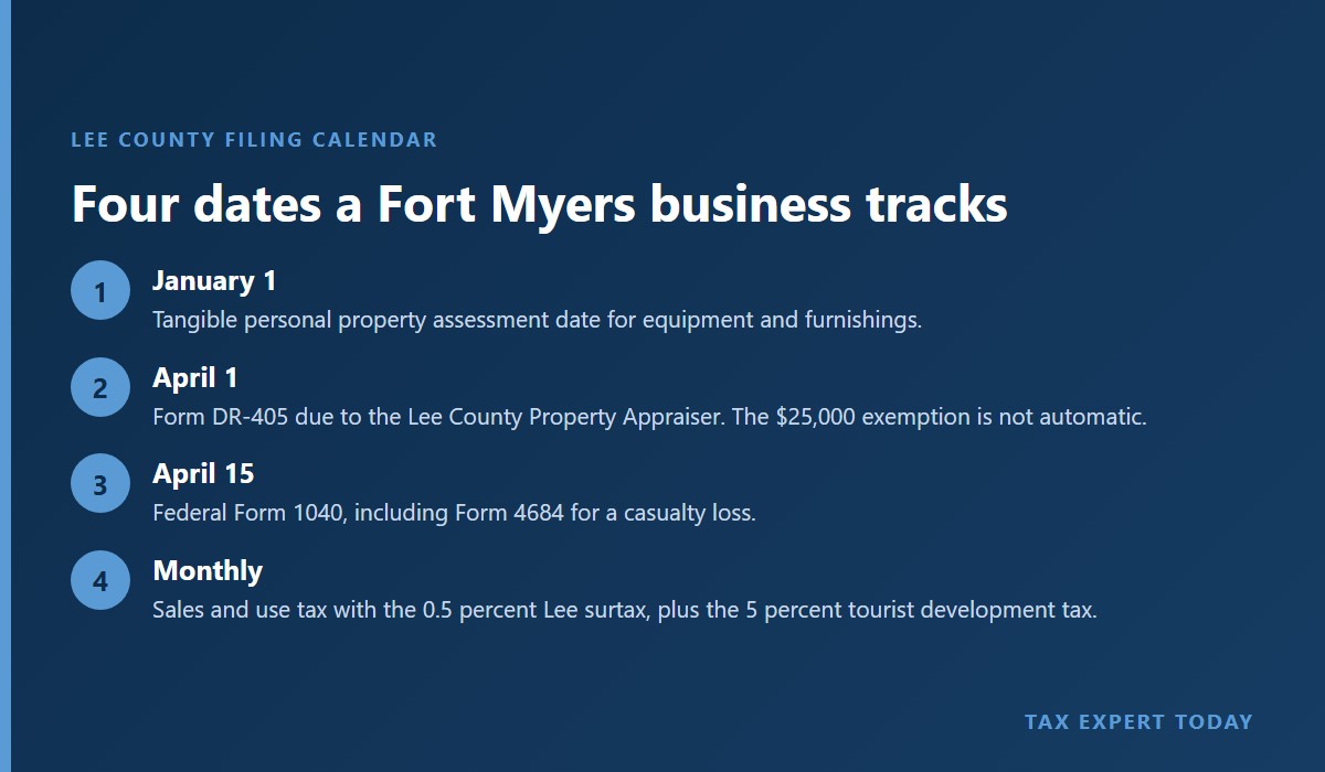 Lee County filing calendar: January 1 assessment date, April 1 Form DR-405, April 15 Form 1040, and monthly sales and tourist development tax