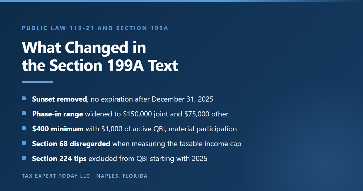 Summary of five changes to section 199A made by Public Law 119-21: the scheduled termination was removed, the phase-in range widened to 150,000 dollars for joint returns and 75,000 dollars for other returns, a 400 dollar minimum deduction was added for taxpayers with 1,000 dollars of active qualified business income, the section 68 itemized deduction limit is disregarded in computing taxable income, and qualified tips deductible under section 224 are excluded from qualified business income