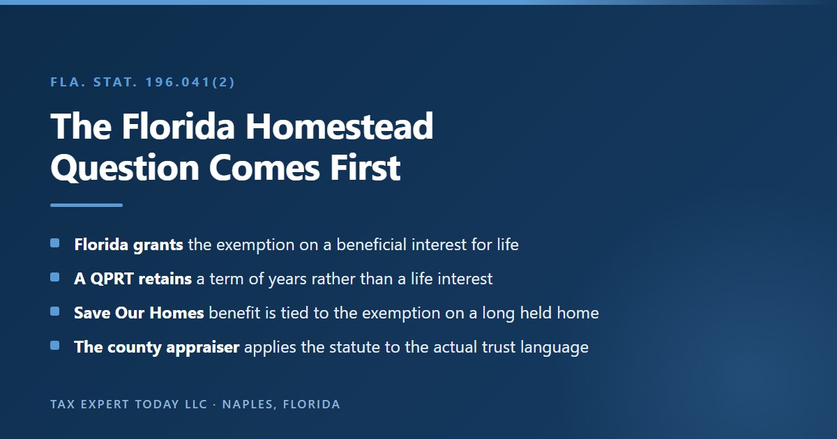 The Florida homestead question for a qualified personal residence trust, noting that Florida Statute 196.041(2) grants the ad valorem homestead exemption on a beneficial interest for life while a qualified personal residence trust retains only a term of years, which places the Save Our Homes assessment benefit at issue