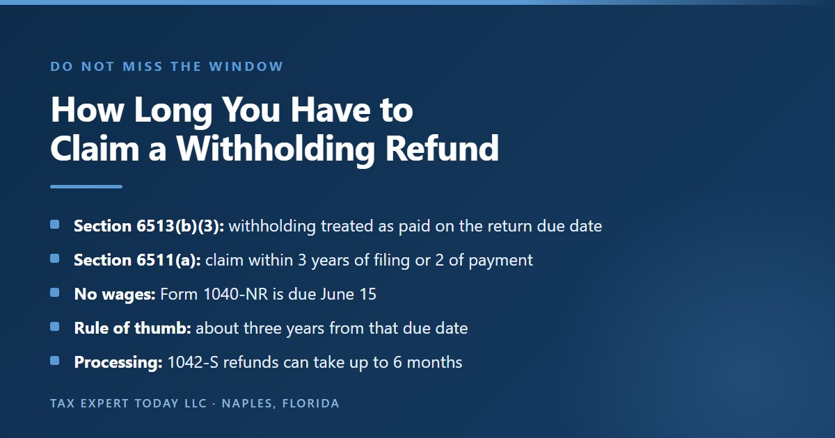 Summary of the refund window for Form 1042-S withholding: under section 6513(b)(3) tax withheld under chapter 3 or 4 is treated as paid on the last day prescribed for filing the return, section 6511(a) requires a claim within three years of filing or two years of payment, a Form 1040-NR without wages is due June 15, the practical window is about three years from that due date, and refunds can take up to six months to process