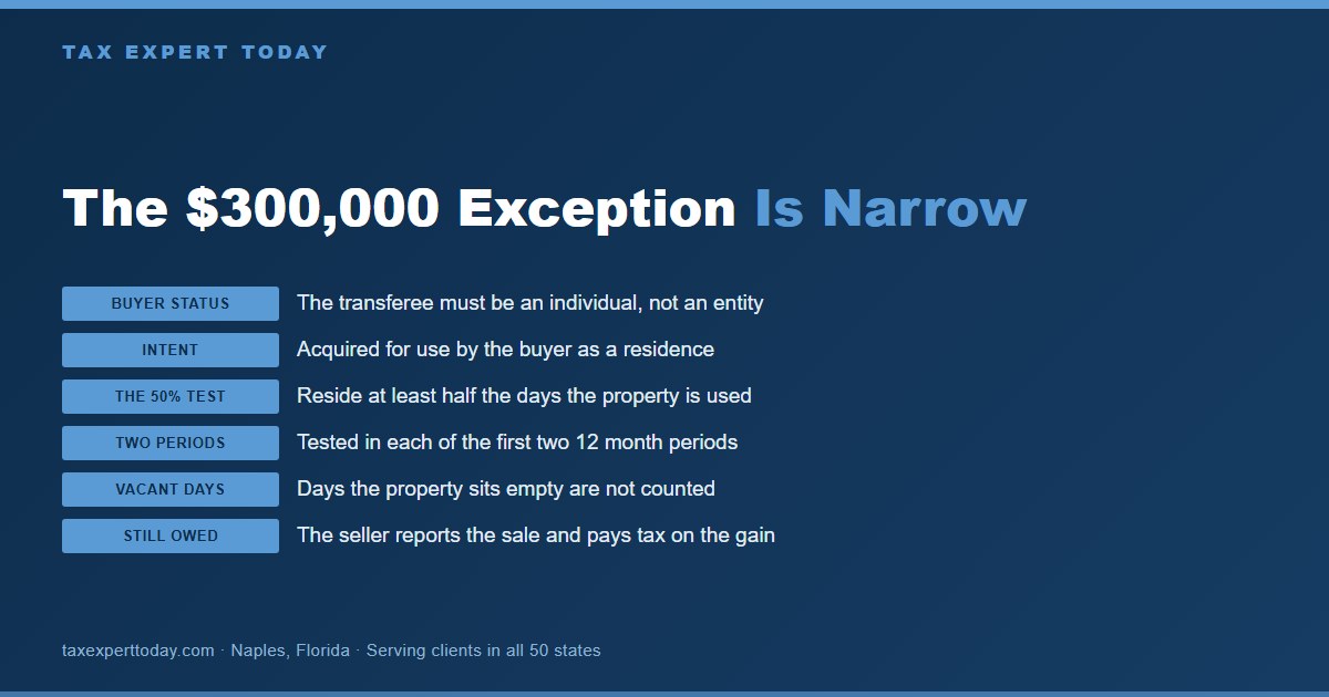 Chart of the requirements for the FIRPTA three hundred thousand dollar residence exception, covering the individual buyer requirement, residence intent, the fifty percent use test applied in each of the first two twelve month periods, the exclusion of vacant days, and the seller continuing duty to report the sale