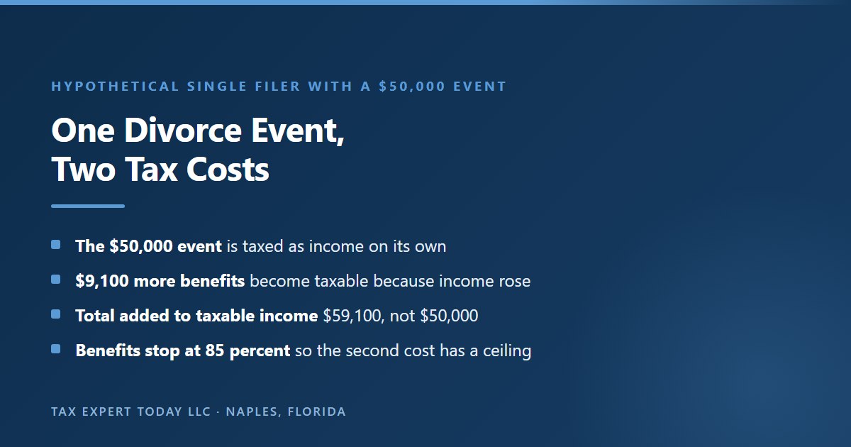 Hypothetical example for a single filer with $24,000 of Social Security benefits and $30,000 of other income showing that a one-time $50,000 taxable event adds $59,100 to taxable income rather than $50,000, because $9,100 more of the benefits become taxable, and that taxable benefits stop at 85 percent of the total