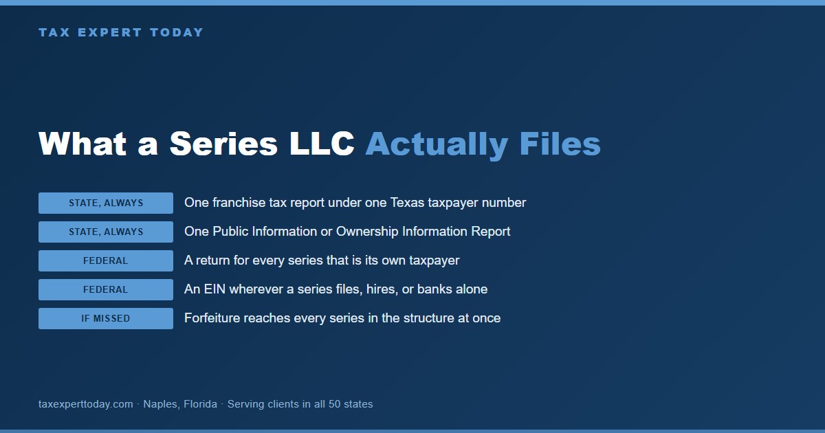 Chart of what a Texas series LLC actually files, listing one state franchise tax report and one information report alongside a federal return and identification number for each series that is its own taxpayer
