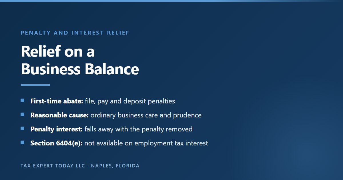 Penalty and interest relief options on an IRS CP220 business balance: first-time abatement for failure to file, pay and deposit penalties, reasonable cause relief, interest on removed penalties, and the section 6404(e) limit that excludes employment tax interest