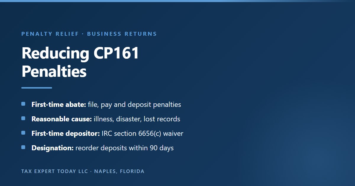 Penalty relief options for penalties billed on an IRS CP161 notice: first-time abatement for failure to file, failure to pay and failure to deposit penalties, reasonable cause relief, the first-time depositor waiver under IRC section 6656(c), and designating deposits within 90 days under section 6656(e)