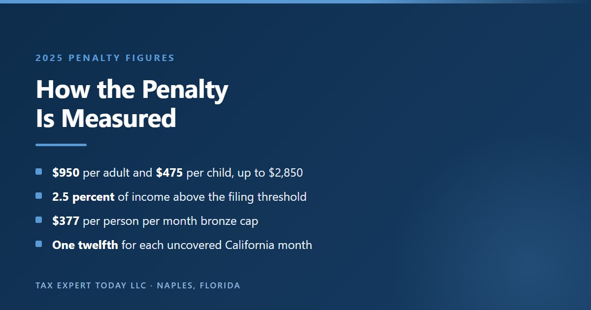 2025 California Individual Shared Responsibility Penalty figures: 950 dollars per adult and 475 dollars per child up to 2,850 dollars, or 2.5 percent of income above the filing threshold, capped at 377 dollars per person per month and prorated for each uncovered California month