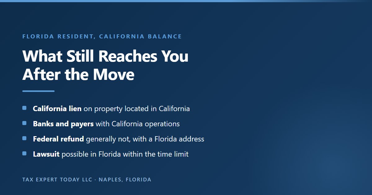 What California tax collection still reaches after a move to Florida: the state tax lien on property located in California, banks and payers with California operations, generally not a federal refund on a return with a Florida address, and a possible lawsuit in Florida within the statutory time limit