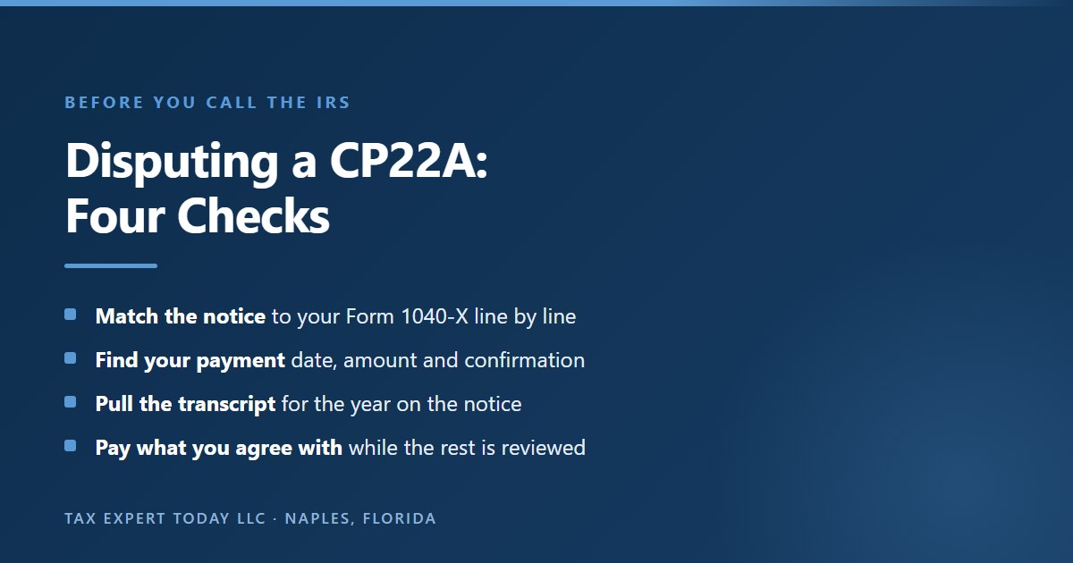 Checklist for disputing an IRS CP22A notice: compare the notice with your Form 1040-X line by line, locate the date, amount and confirmation number of any payment, pull the IRS account transcript for the tax year on the notice, and pay the undisputed amount while the rest is reviewed