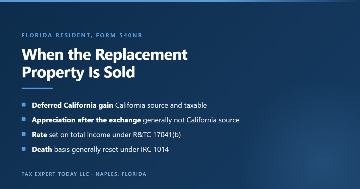 How California taxes a Florida resident who sells 1031 exchange replacement property: the deferred California gain is California source and taxable, appreciation after the exchange is generally not California source, the rate is set on total income under section 17041(b), and the basis is generally reset at death under IRC section 1014