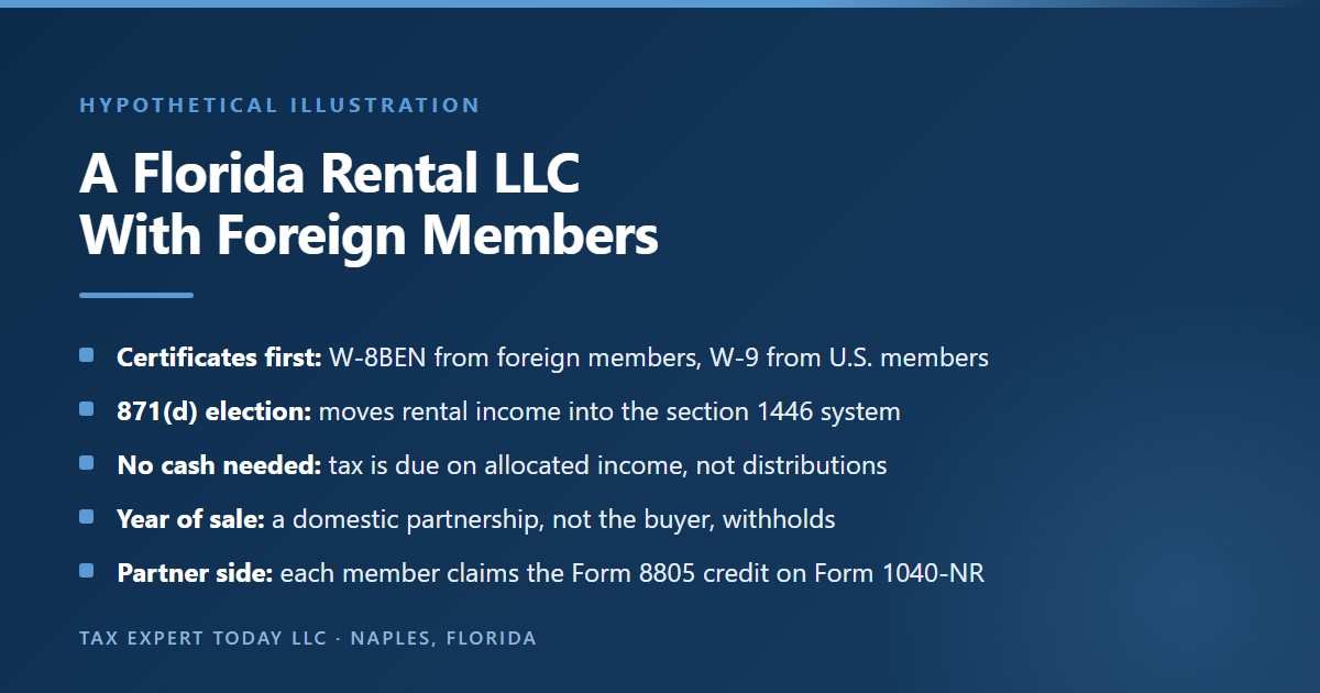 How section 1446 withholding works for a Florida rental LLC taxed as a partnership with foreign members: collect W-8BEN and W-9 certificates, rental income becomes effectively connected through an 871(d) election, tax is due on allocated income rather than distributions, a domestic partnership rather than the buyer handles withholding in the year of sale, and members claim the Form 8805 credit on Form 1040-NR