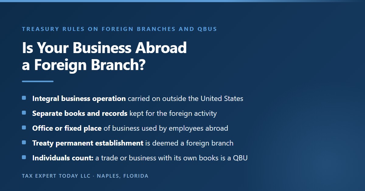 Factors that point to a foreign branch for Form 8858: an integral business operation outside the United States, separate books and records, an office or fixed place of business used by employees abroad, a treaty permanent establishment, and for individuals a trade or business with its own books that qualifies as a qualified business unit