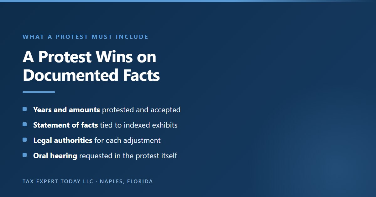 What a written protest of an FTB notice of proposed assessment should include: the years and amounts protested and accepted, a statement of facts tied to exhibits, legal authorities for each adjustment, and a request for an oral hearing made in the protest itself