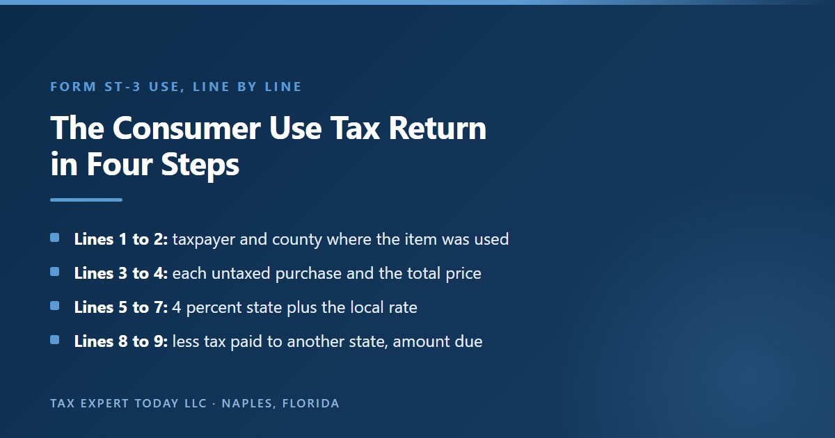 Georgia Form ST-3 USE consumer use tax return in four steps: lines 1 and 2 identify the taxpayer and the county of use, lines 3 and 4 list each untaxed purchase and the total price, lines 5 through 7 apply the 4 percent state rate and the local rate, and lines 8 and 9 subtract sales tax paid to another state and show the amount due
