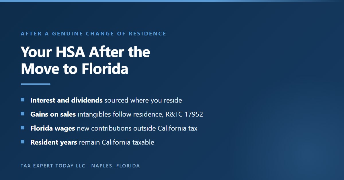 How a health savings account is treated after a move from California to Florida: interest and dividends are sourced where the owner resides, gains on intangible property follow residence under section 17952, contributions from Florida wages are outside California tax, and amounts from the resident years remain California taxable