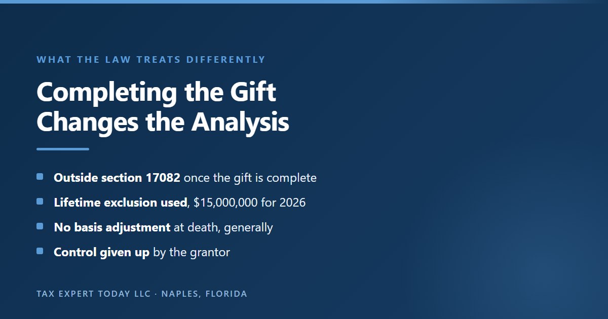 Comparison of a NING trust and a completed gift nongrantor trust under California law for 2026, showing that a completed gift falls outside section 17082, uses federal lifetime exclusion of 15 million dollars, generally forgoes the basis adjustment at death, and requires the grantor to give up control