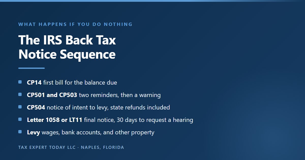 The IRS back tax notice sequence: CP14 first bill, CP501 and CP503 reminders, CP504 intent to levy, Letter 1058 or LT11 final notice with a 30-day hearing window, then levy