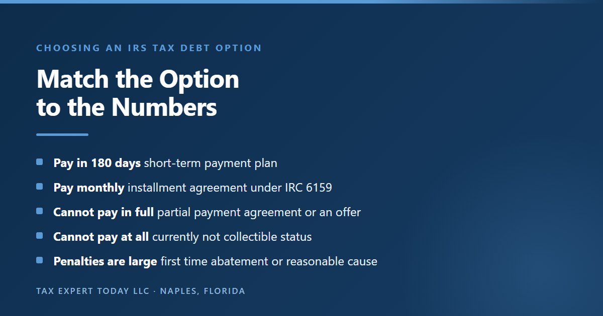 Choosing an IRS tax debt option: full pay or a short-term plan for balances payable in 180 days, an installment agreement for monthly payments, an offer in compromise when the IRS cannot collect the full amount, and currently not collectible status for hardship