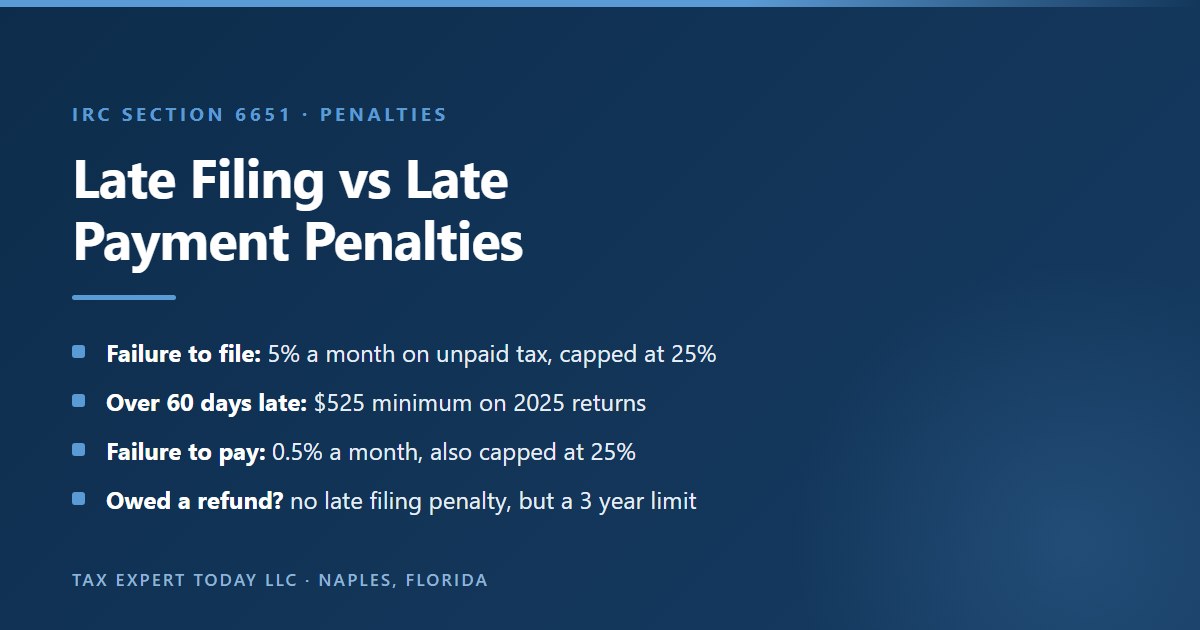 Comparison of IRS late filing and late payment penalties after a CP59 notice: the failure to file penalty under IRC section 6651(a)(1) is 5 percent of unpaid tax per month up to 25 percent, a return more than 60 days late carries a minimum penalty of $525 for 2025 returns or the full tax if less, the failure to pay penalty is 0.5 percent per month up to 25 percent, and a taxpayer owed a refund faces no late filing penalty but must claim it within 3 years