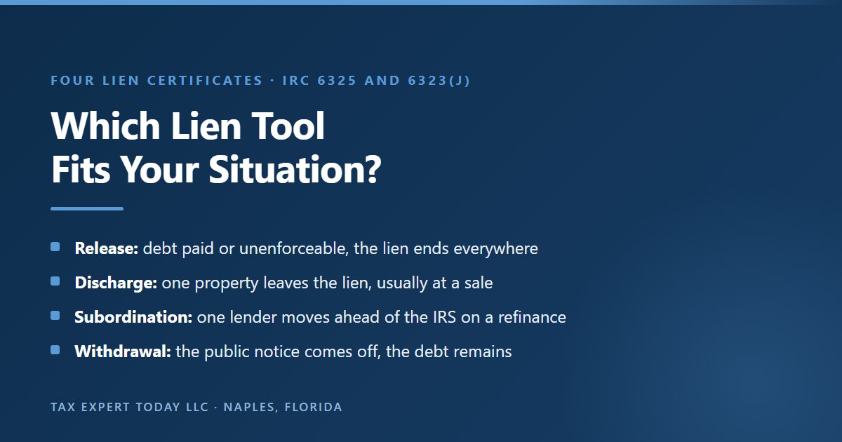 Comparison of federal tax lien certificates: release ends the lien after full payment, discharge removes the lien from one property for a sale, subordination lets a lender move ahead of the IRS for a refinance, and withdrawal removes the public notice while the debt remains