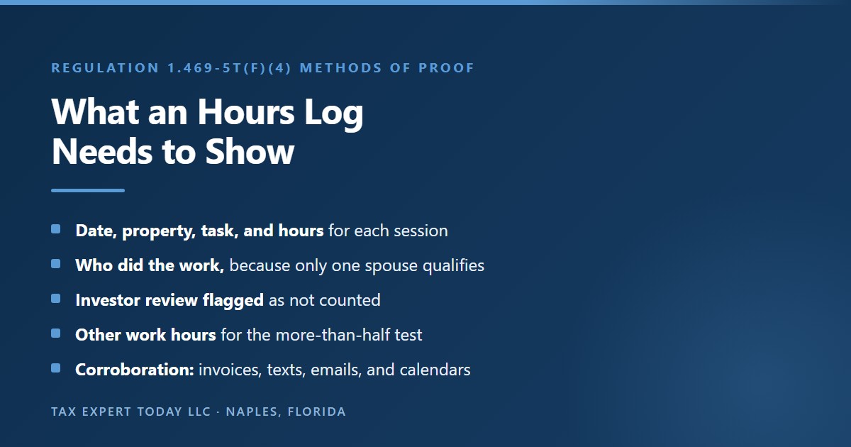 Checklist of what an hours log for real estate professional status should show under Regulation 1.469-5T(f)(4): the date, property, task, and hours for each session, who did the work, investor review flagged as not counted, other work hours for the more-than-half test, and corroborating invoices, texts, emails, and calendars