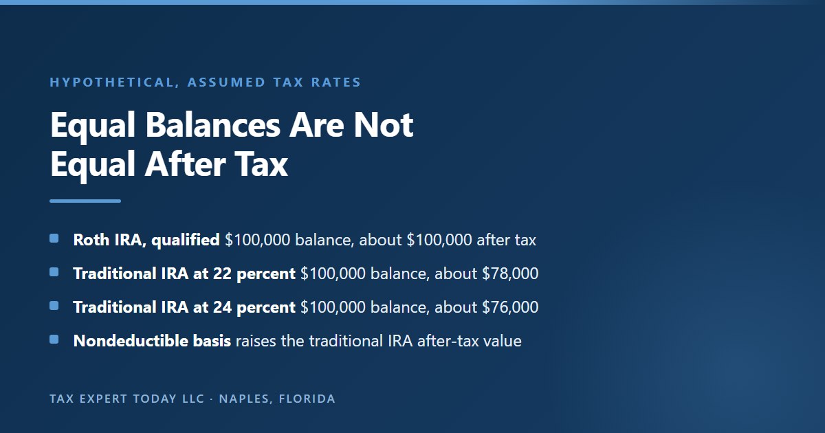 Hypothetical comparison of a 100,000 dollar Roth IRA expected to pay qualified distributions with a 100,000 dollar traditional IRA at assumed 22 and 24 percent federal tax rates, showing after-tax values of about 100,000, 78,000 and 76,000 dollars, and noting that nondeductible basis raises the traditional IRA value