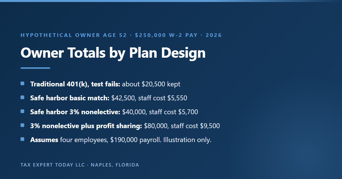 Hypothetical 2026 comparison for an owner age 52 with 250,000 dollars of W-2 pay and four employees: a traditional 401(k) failing the ADP test keeps about 20,500 dollars, a safe harbor basic match reaches 42,500 dollars, a 3 percent nonelective reaches 40,000 dollars, and a 3 percent nonelective plus profit sharing reaches 80,000 dollars at a 9,500 dollar cost for employees