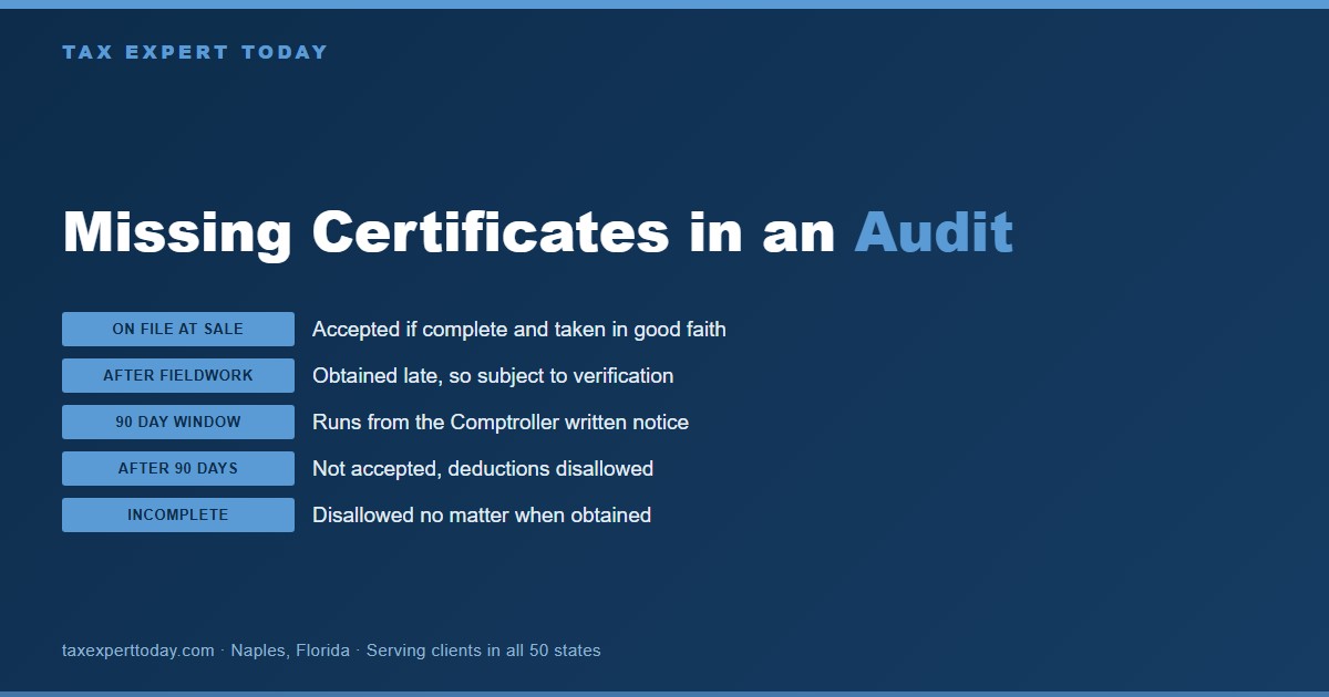 Chart of how a Comptroller audit treats Texas exemption certificates: on file at sale, obtained after fieldwork, the 90 day window after written notice under Tax Code Section 151.054(e), late delivery and incomplete certificates